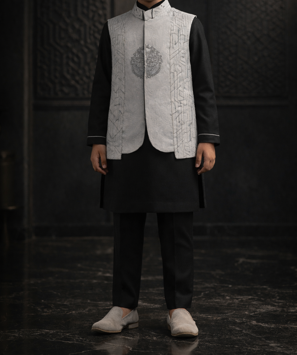 Boys Premium 3 Piece Waistcoat Suit – Kurta Shalwar/Pajama Set - Art 1483 Black