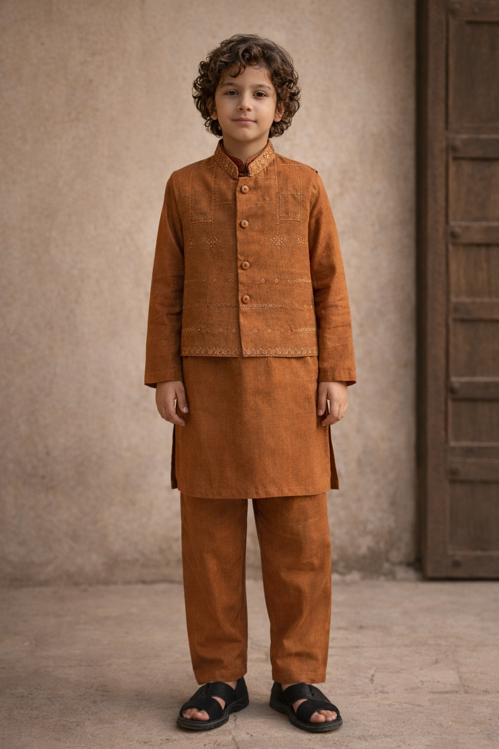 Boys 3 Piece Waistcoat Suit – Kurta Shalwar/Pajama Set - Art 173 Rust - Maa Sadqay