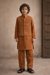 Boys 3 Piece Waistcoat Suit – Kurta Shalwar/Pajama Set - Art 173 Rust - Maa Sadqay