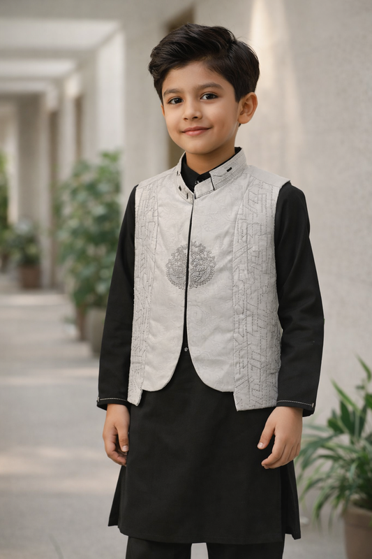 Boys Premium 3 Piece Waistcoat Suit – Kurta Shalwar/Pajama Set - Art 1483 Black