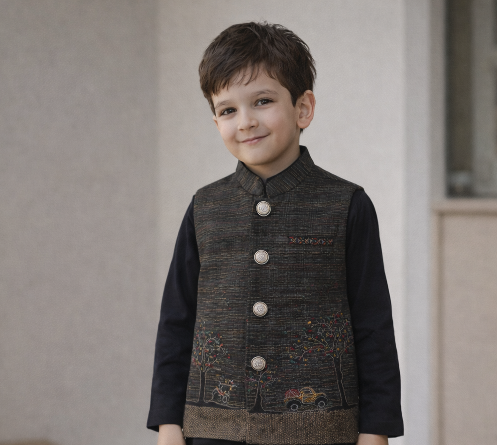Boys Premium 3 Piece Waistcoat Suit – Kurta Shalwar/Pajama Set - Art 466 Black - Maa Sadqay