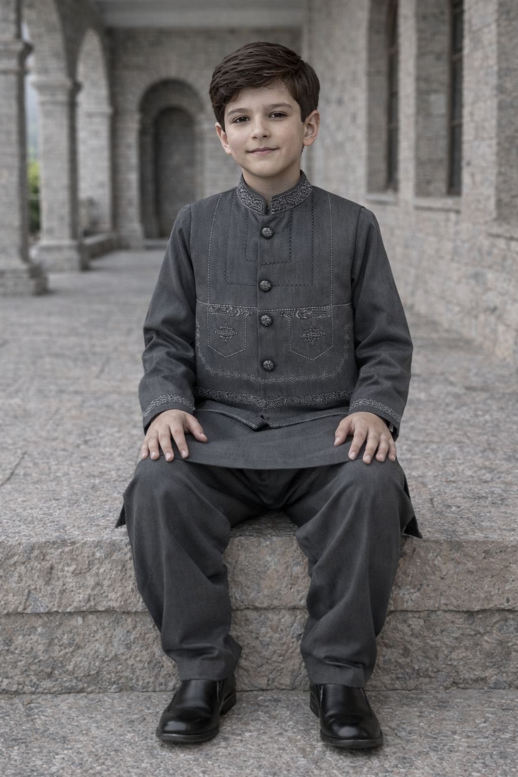 Boys 3 Piece Waistcoat Suit – Kurta Shalwar/Pajama Set - Art 159 Grey - Maa Sadqay
