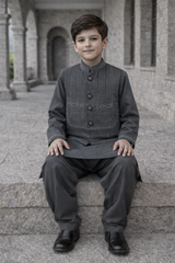 Boys 3 Piece Waistcoat Suit – Kurta Shalwar/Pajama Set - Art 159 Grey - Maa Sadqay