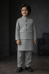 Boys Premium 3 Piece Waistcoat Suit – Kurta Shalwar/Pajama Set - Art 260 Grey - Maa Sadqay
