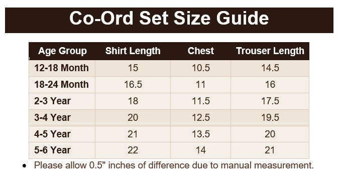 Girls Co Ord Set - GCS502 Size Guide