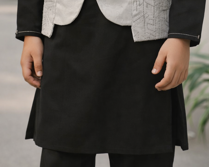 Boys Premium 3 Piece Waistcoat Suit – Kurta Shalwar/Pajama Set - Art 1483 Black