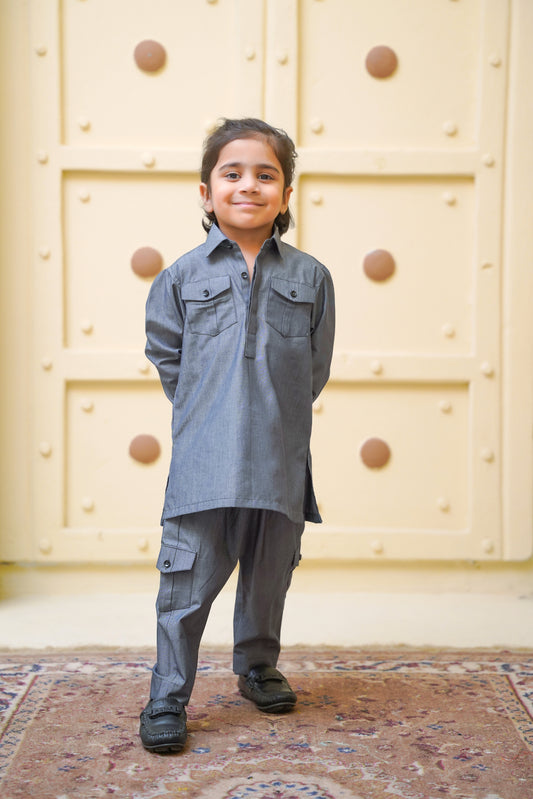 Boys Double Pocket Co-ord Set - Textured Grey