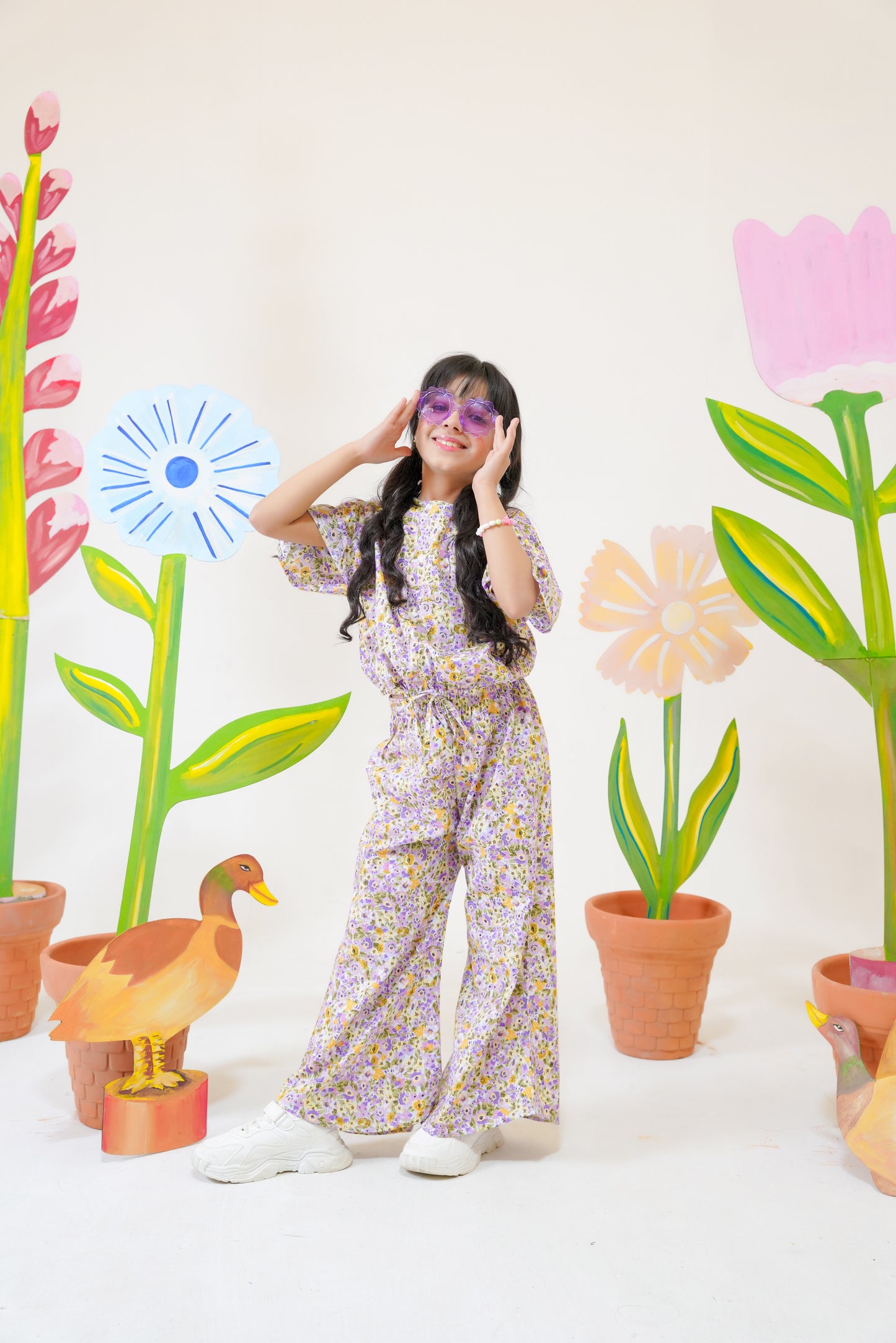 Purple with Yellow Flowers crop-top with Bell Bottom -CT146