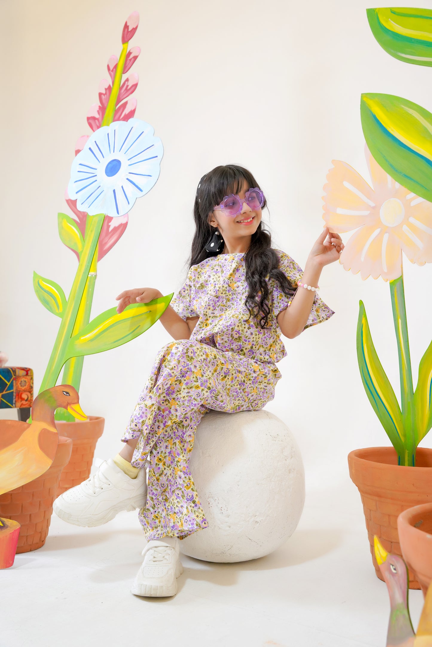 Purple with Yellow Flowers crop-top with Bell Bottom -CT146