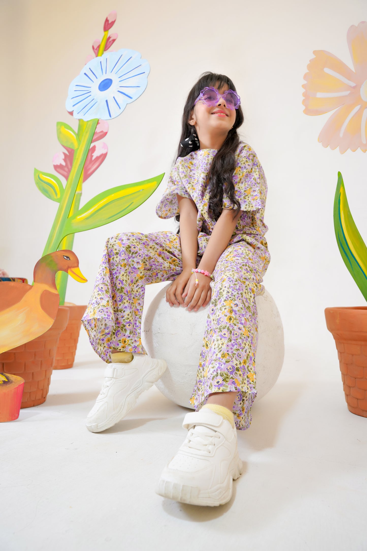 Purple with Yellow Flowers crop-top with Bell Bottom -CT146