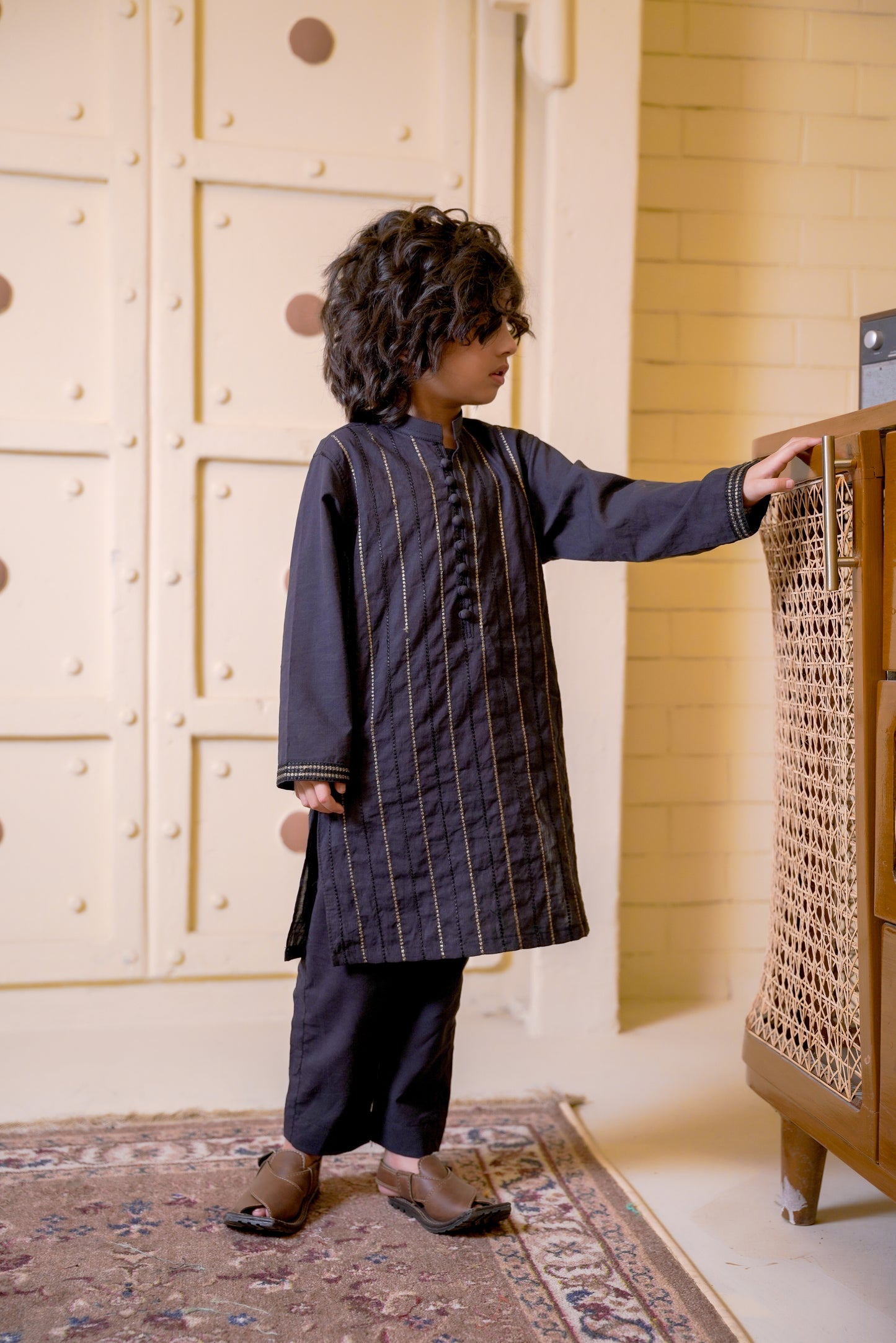 All over Embroidered Kurta With Trouser - Charcoal