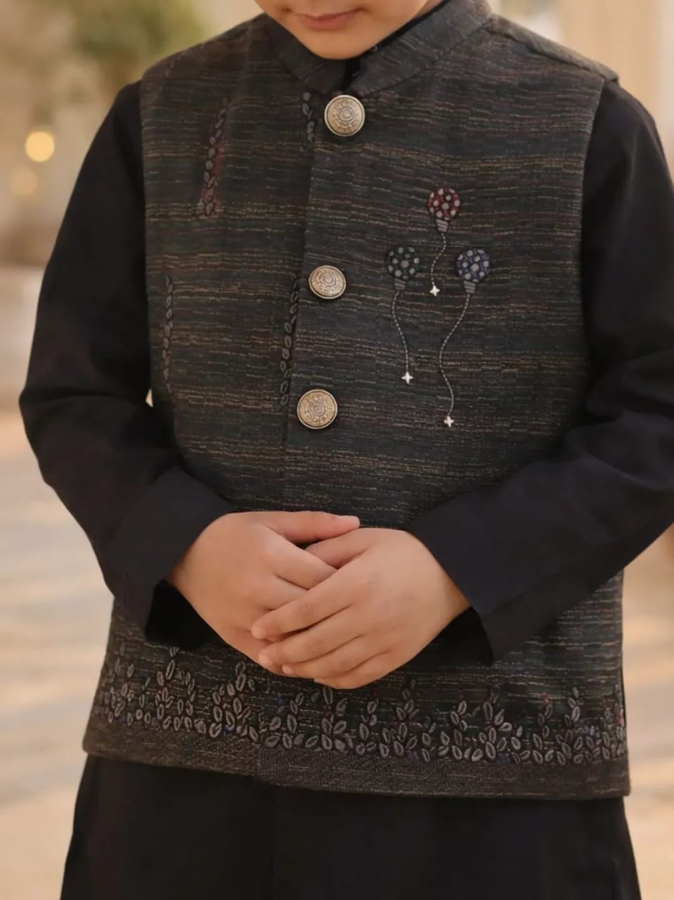 Boys Premium 3 Piece Waistcoat Suit – Kurta Shalwar/Pajama Set - Art 1014 Black - Maa Sadqay