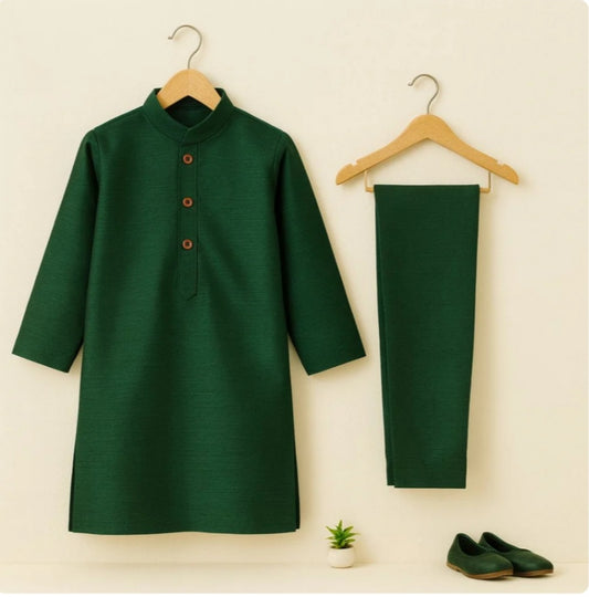 Raw silk festive kurta Pajama For Boys -Emerald Green
