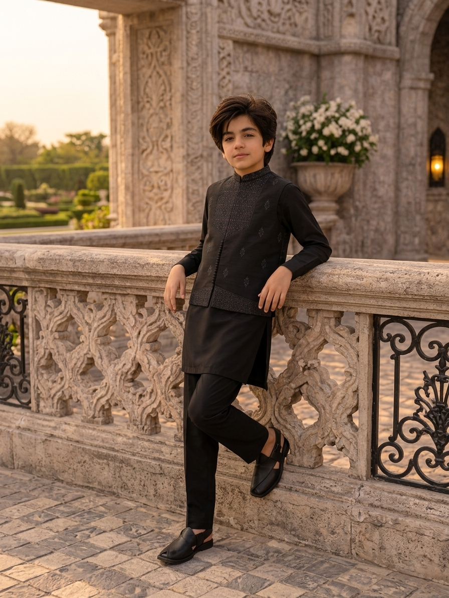 Boys Premium Al karam 3 Piece Waistcoat Suit – Kurta pajama Set - Art D200 Black