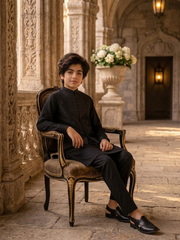 Boys Premium Al karam 3 Piece Waistcoat Suit – Kurta pajama Set - Art D200 Black